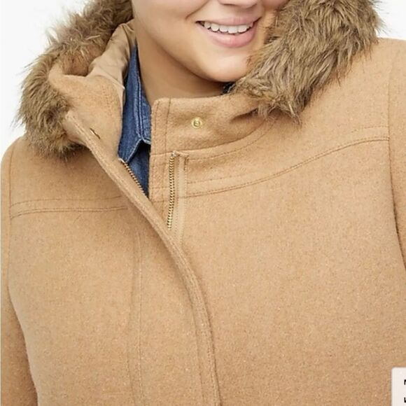 J. Crew Vail Parka Faux Fur Trim Hood Wool Blend Acorn Tan Hooded Coat - Picture 7 of 15